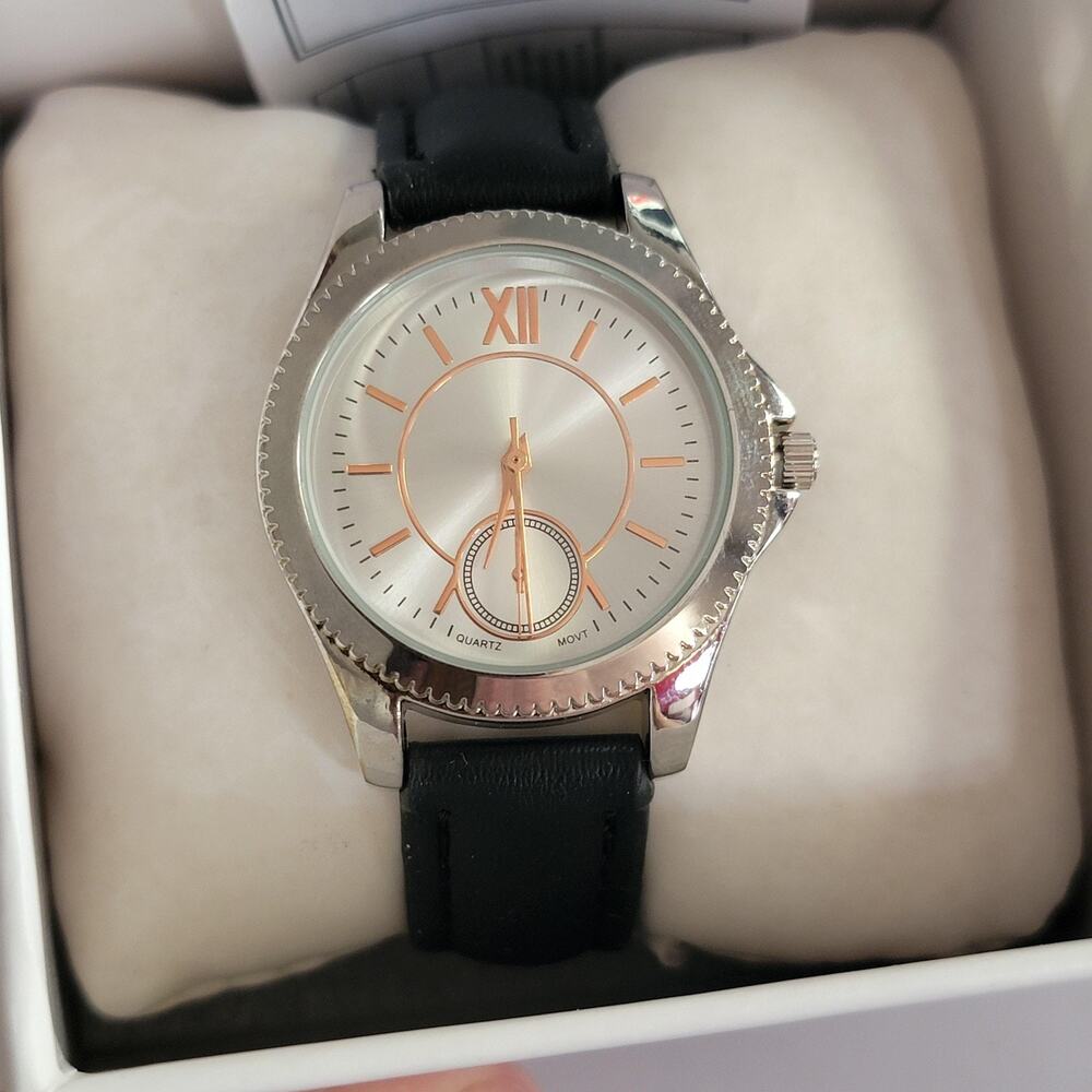 Mixit Womens Watch Silver Dial Black Faux Leather Strap Silver Case Quartz